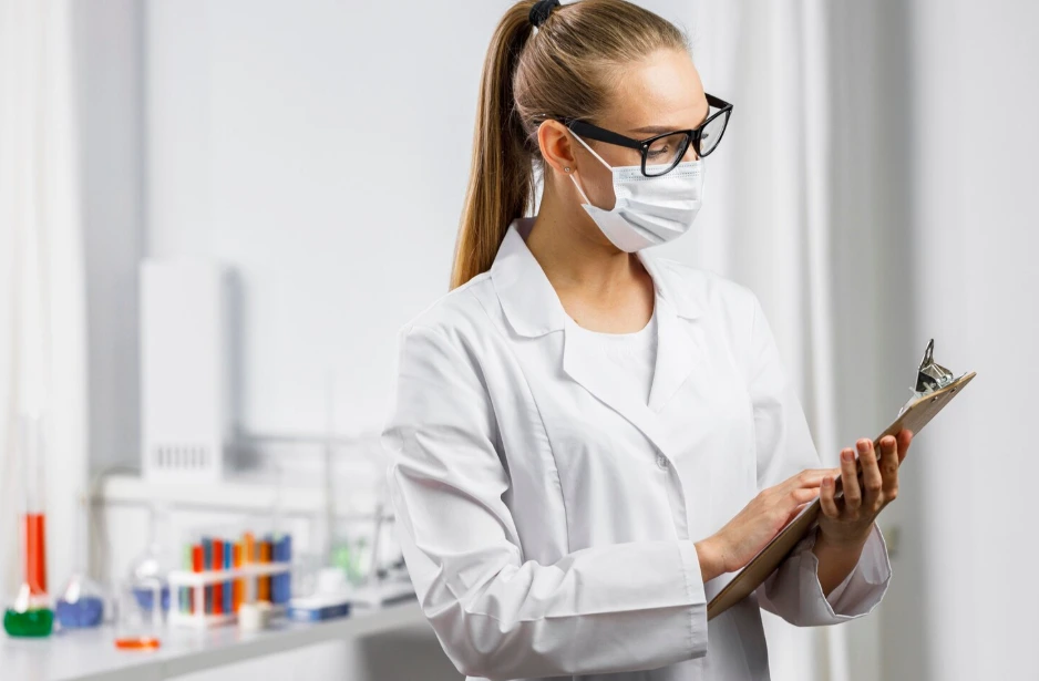 A woman is analyzing an HPLC certificate
