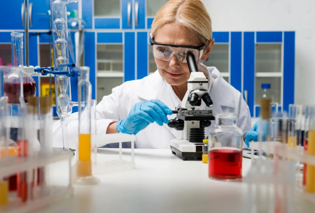 A female scientist is studying the properties of the BPC-157 peptide