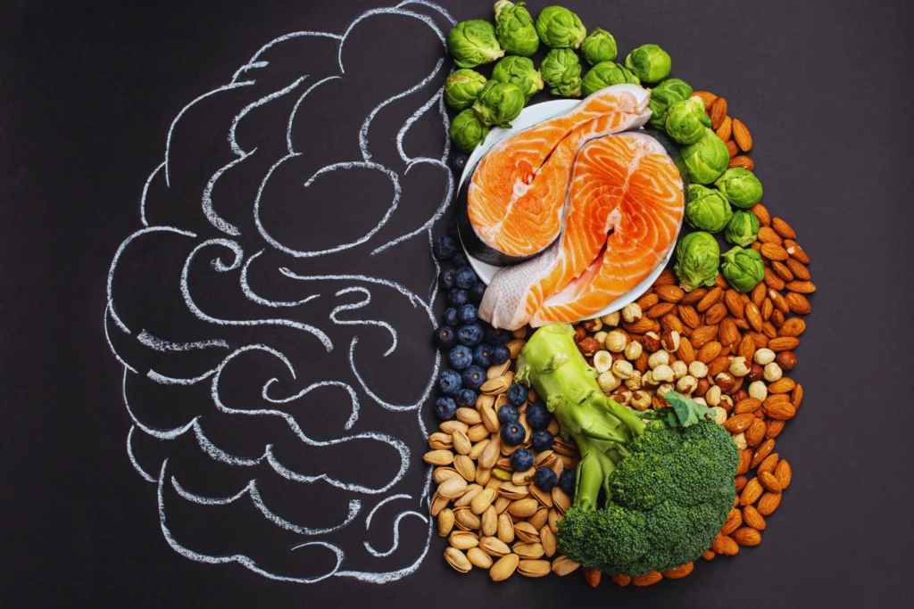 an illustration of the brain showing food items in the diet