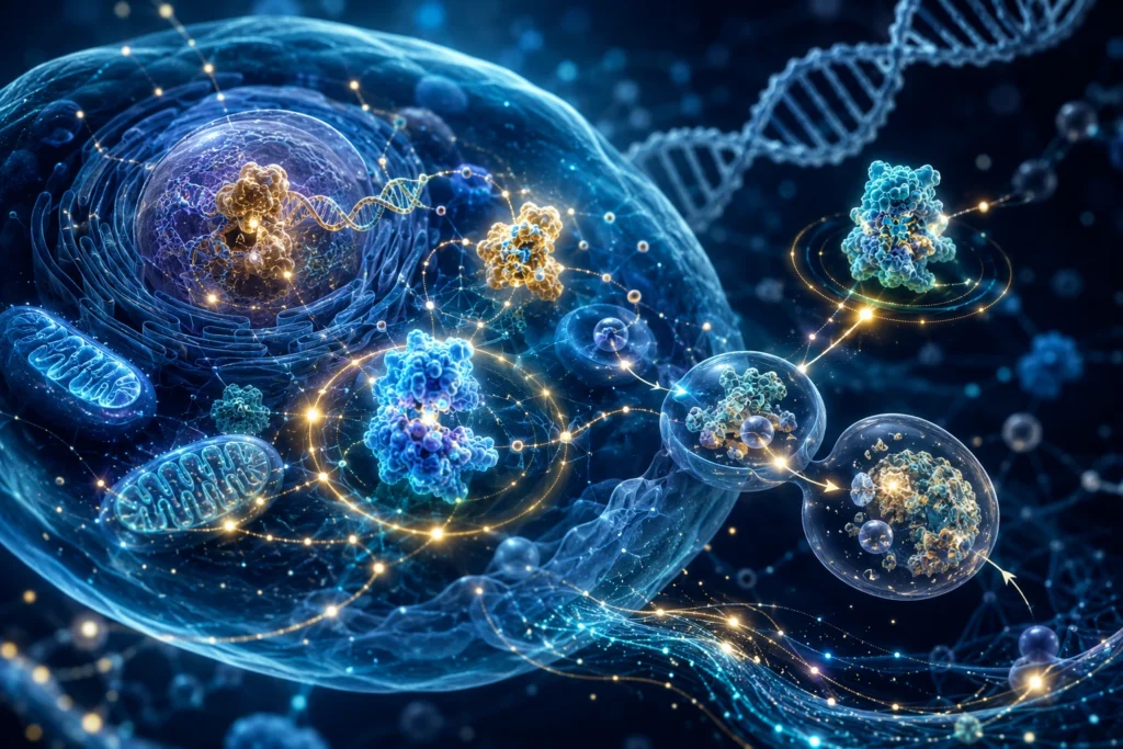The illustration depicts the phenomenon of autophagy